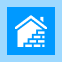 White icon of a house with a slanted roofing, chimney, and steps on a blue square background with a lighter blue border.