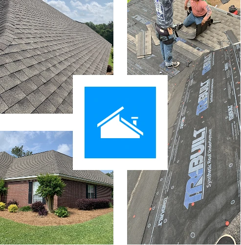 A collage featuring roofing: a shingled roof, two people working on roof installation, a brick house with a gray roof, and a blue icon with a white roofing symbol at the center.