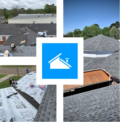 A collage of three images shows roofing workers installing and repairing gray shingle roofs, with a blue icon of a house roof centered in the middle. Trees and buildings are visible in the background.