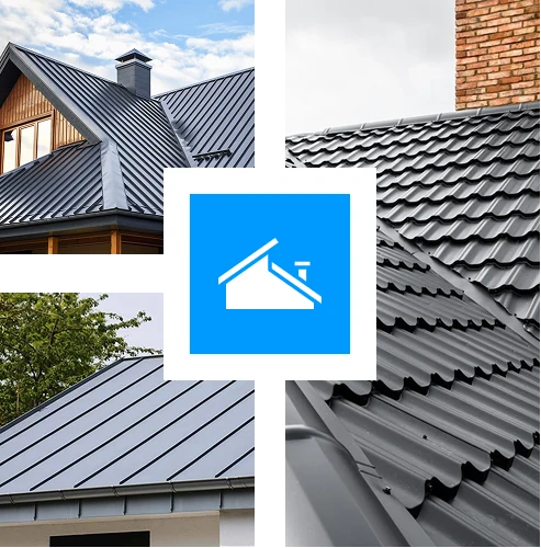 A collage of modern metal roofing in various styles and colors, with a blue and white roofing icon at the center. The roofs feature standing seam and tile profiles set against clear and cloudy skies.