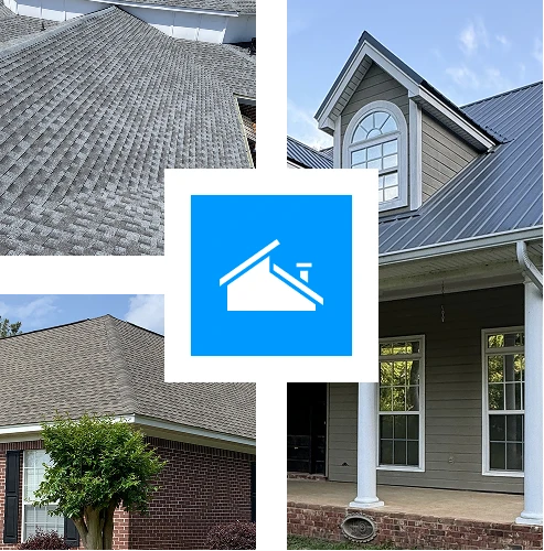 A collage showing three house roofs—two with gray shingles and one with a dark gray metal roofing. At the center is a blue icon of a house roof with a chimney.