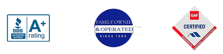 Three badges: one with BBB Accredited Business A+ rating, one with “Family Owned & Operated Since 1982,” and a GAF Certified Roofing Contractor emblem highlight our trusted roofing services.